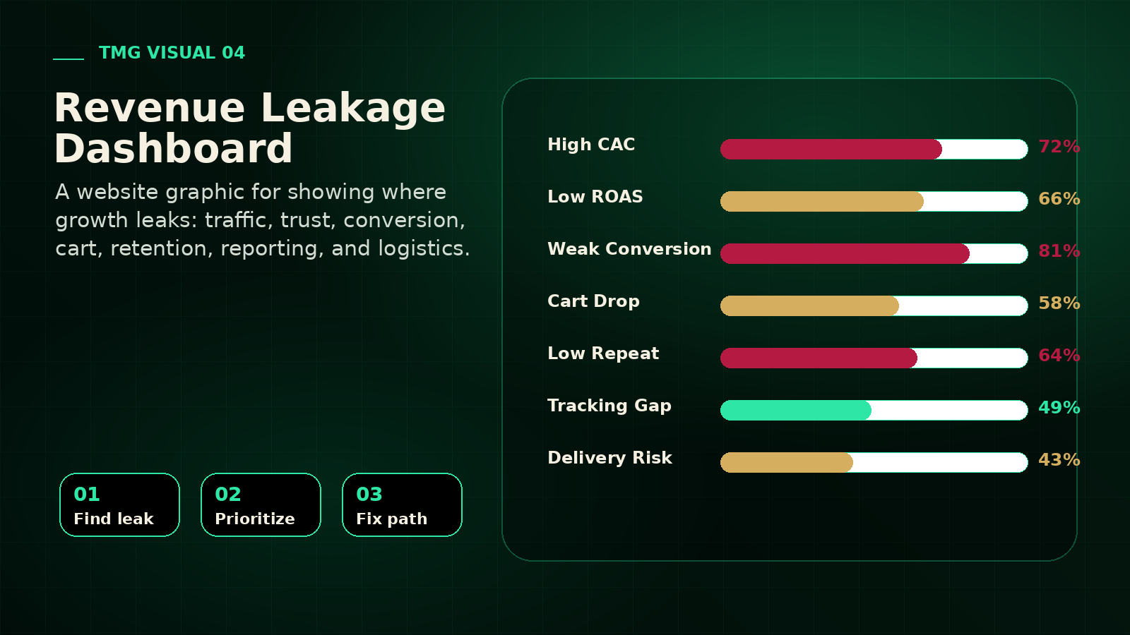 A premium audit visual for website, funnel, ad, tracking, cart, retention, and delivery leaks.