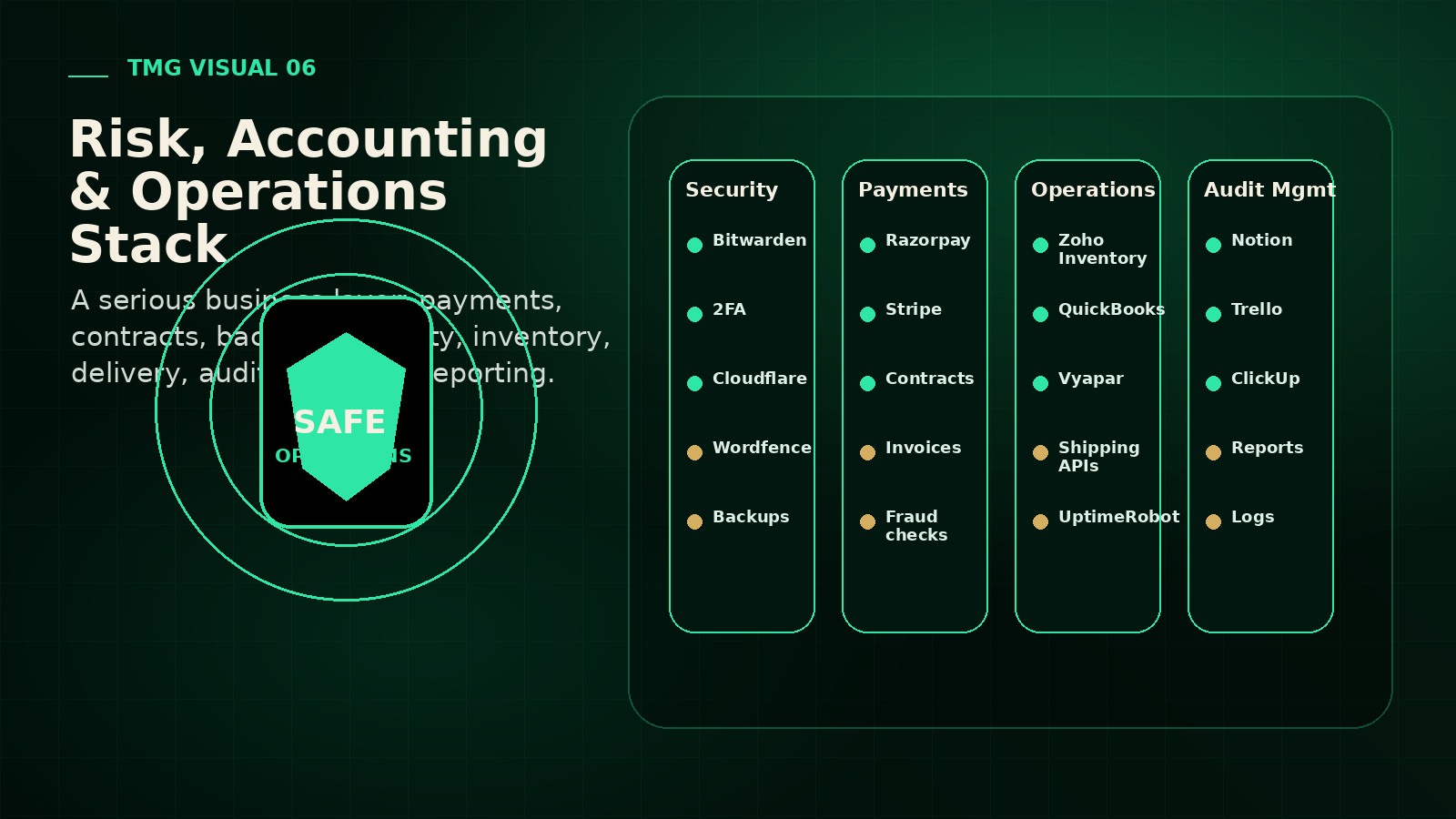 Risk, accounting, delivery, and control systems mapped visually.