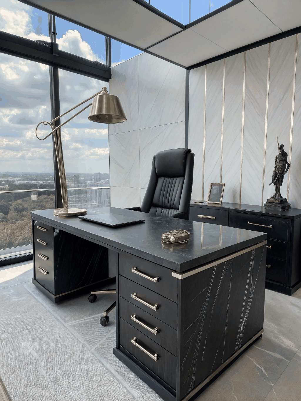 Cinematic office architecture with gold lighting